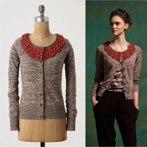 Anthropologie Moth Jewelers Choice Beaded Cardigan Sweater Linen Blend Medium